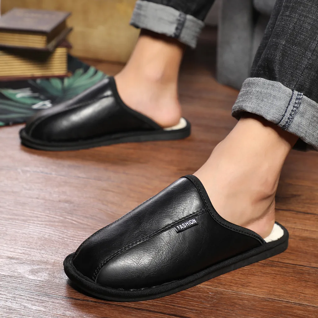 Мужские тапочки Мужская и женская кожаная теплая обувь для дома отдыха мягкие