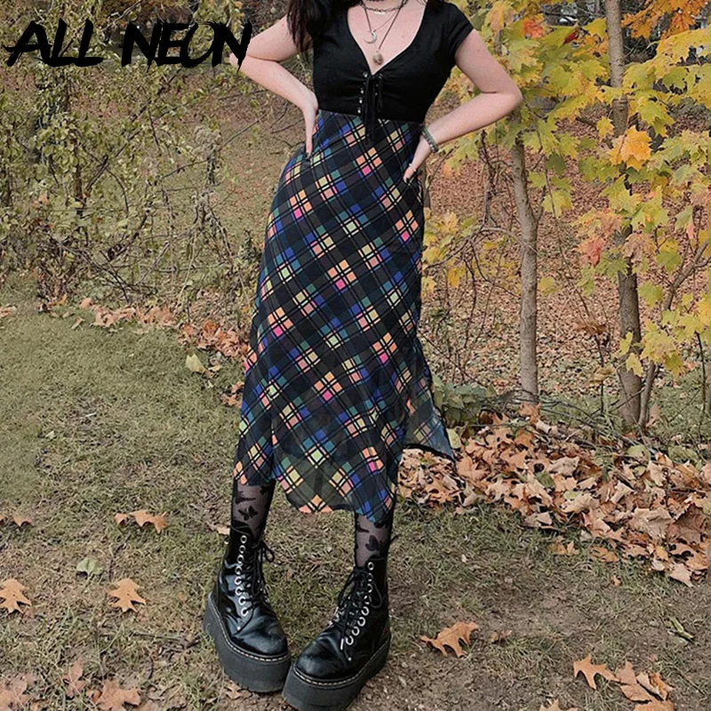 

ALLNeon Y2K Aesthetics Cute Colorful Plaid Print Slit Midi Skirts Egirl Streetwear High Waist Black Skirt A-line Harajuku Outfit