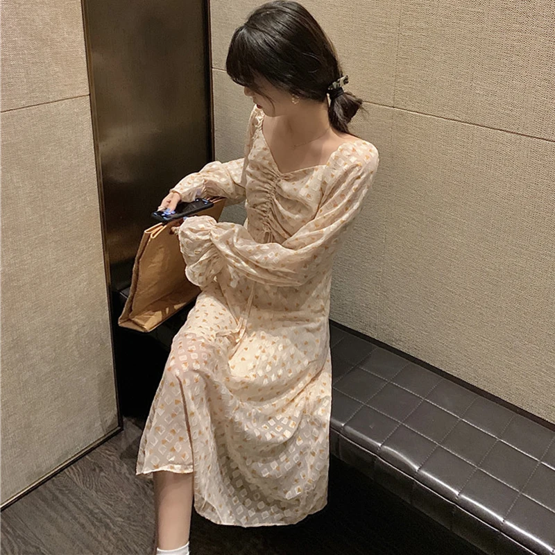 

Long Sleeve Beige-apricot Women Dress Autumn Spring 2020 Runway Vinatge Korean Elegant Ruched Long Casual Party Dress Retro New