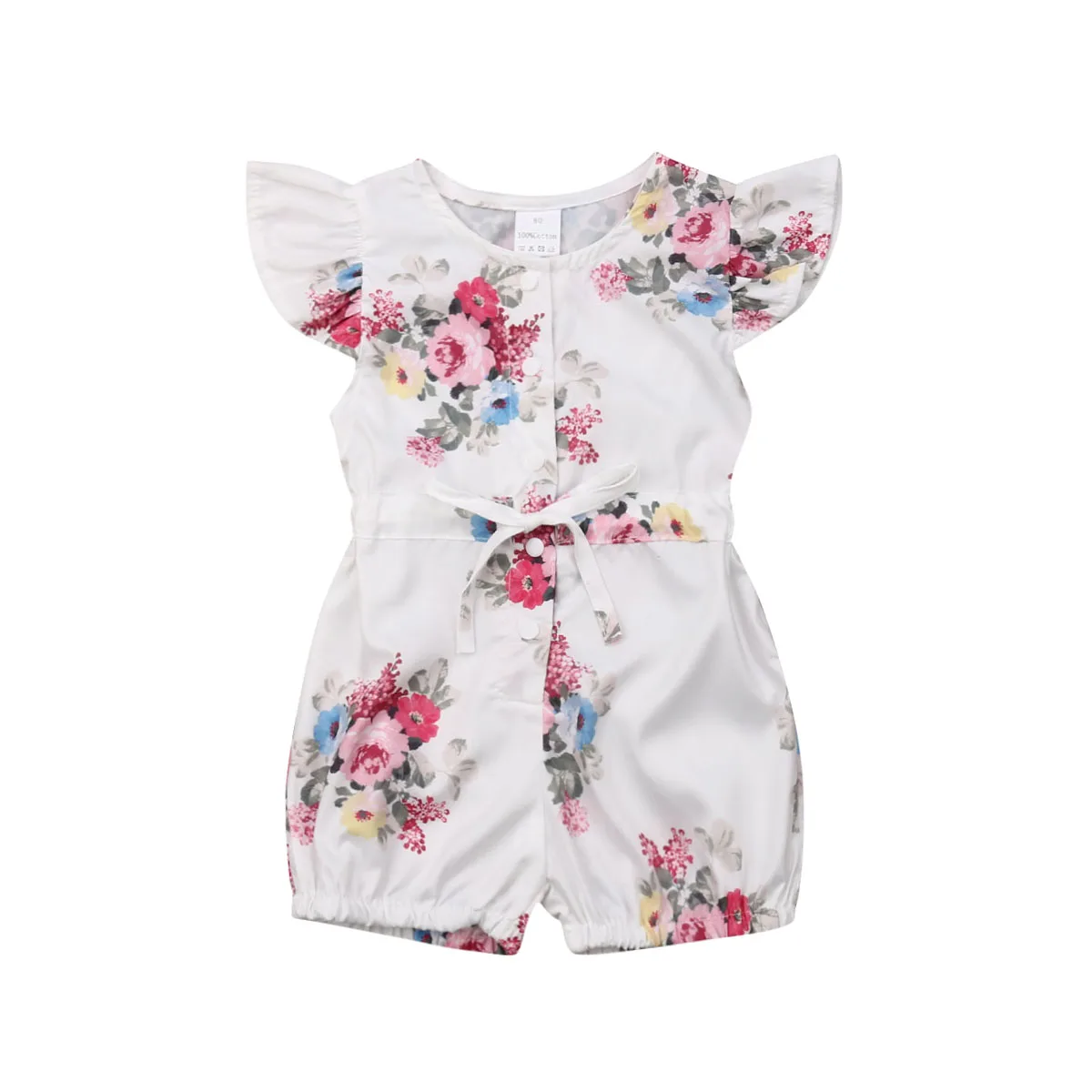 Детский летний комбинезон однотонный с цветочным рисунком и поясом для