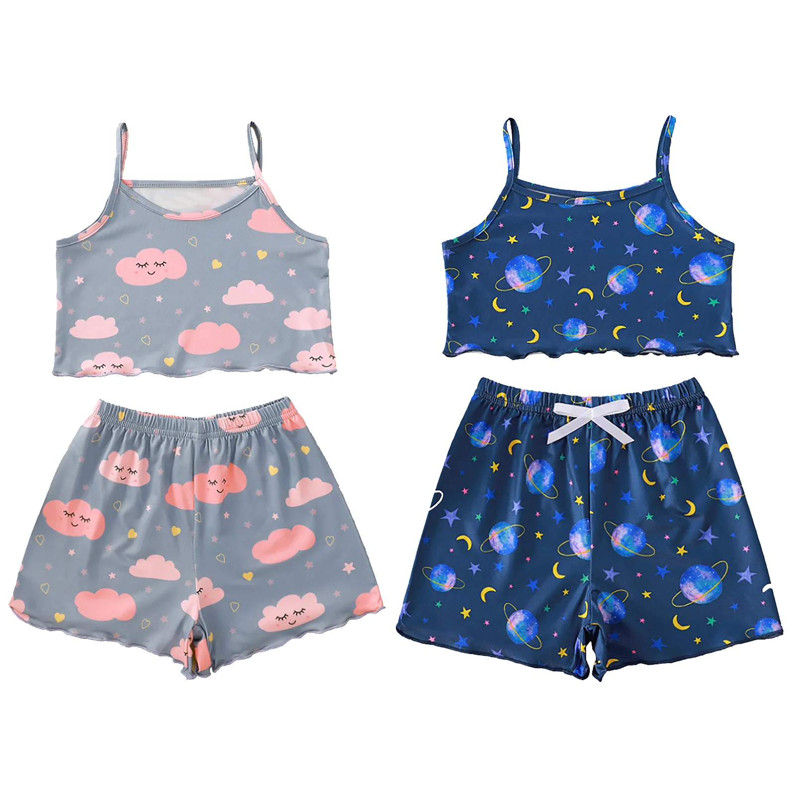 

2Pcs Kids Girls Summer Suit Casual Sport Sets Beach Wear Sleeveless Cartoon Print Cropped Vest Tops and Elastic Waist Shorts Set