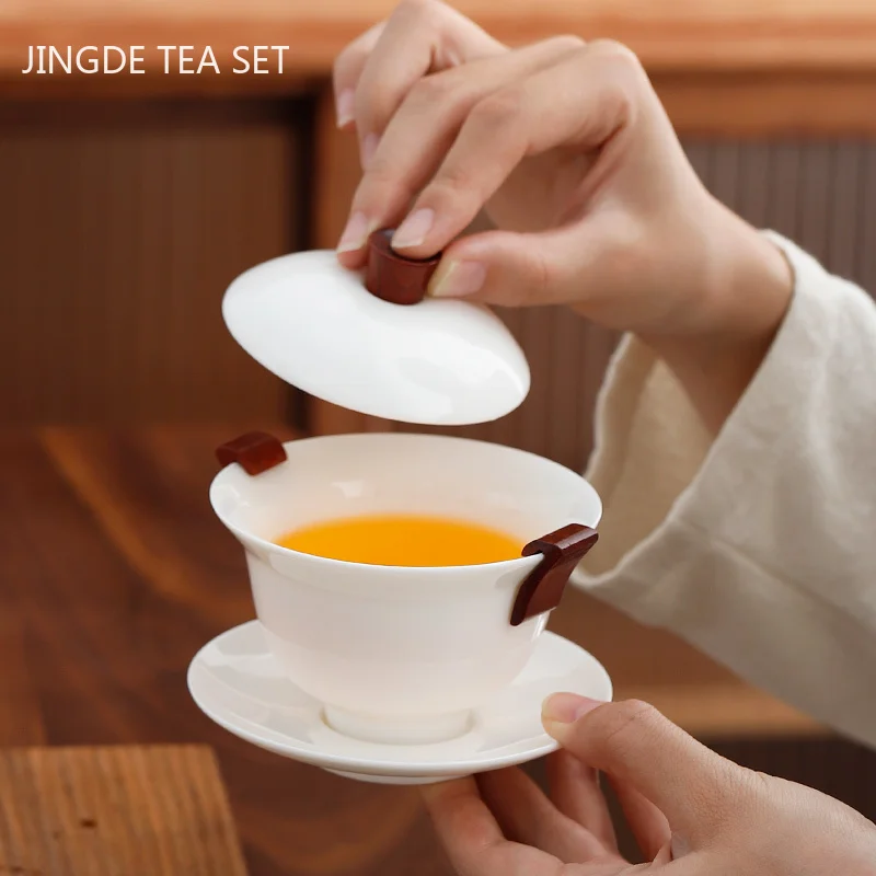 

Chinese High-grade Suet Jade White Porcelain Gaiwan Travel Tea Bowl Household Handmade Ceramic Teaware Personal Cup 160ml