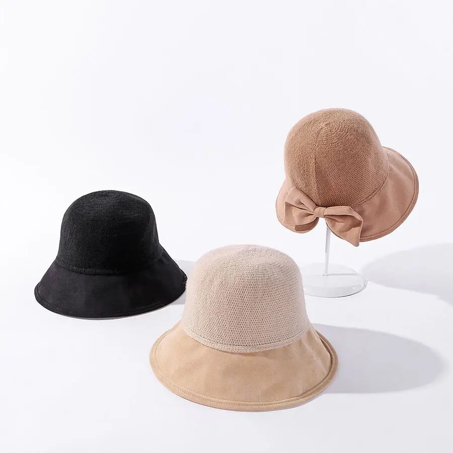 

Autumn Winter Bucket Hat Wool Knitted Fisherman Hats For Women's Fashion Stitching Bow Basin Cap Bob Hat Female 2020 New