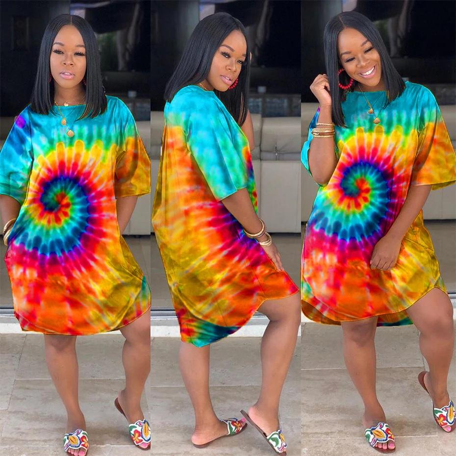 HAOYUAN Tie Dye, платье размера плюс, женская осенняя одежда, Robe Femme, больше размера d, Vestido, сексуальное Клубное рождественское платье, свободная футболка, платья