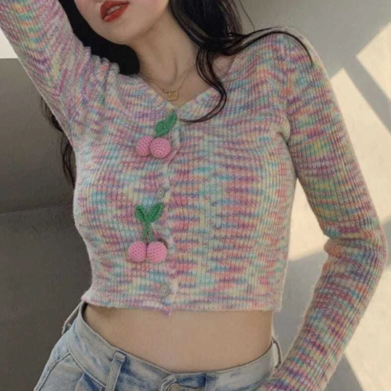 

Women V Neck Full Sleeve Rainbow Knitted Cropped Cardigan Autumn Sweet Cherry Decoration Knitwear Female Buttons Up Sweater Tops