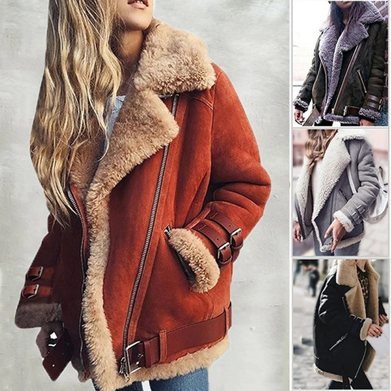

Plus Size Women Winter Punk Style Faux Fur Fleece Coat Outwear Warm Lapel Biker Aviator Jackets Leather Stand Collar Warm Coat