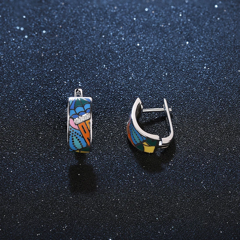 Женские серьги-Клипсы из серебра 2018 пробы с эмалью фианитом Морского Пейзажа