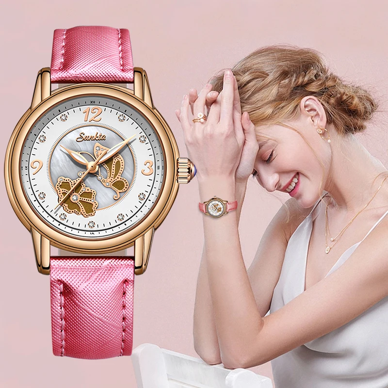 SUNKTA женские модные кварцевые часы повседневные красные 3ATM водонепроницаемые