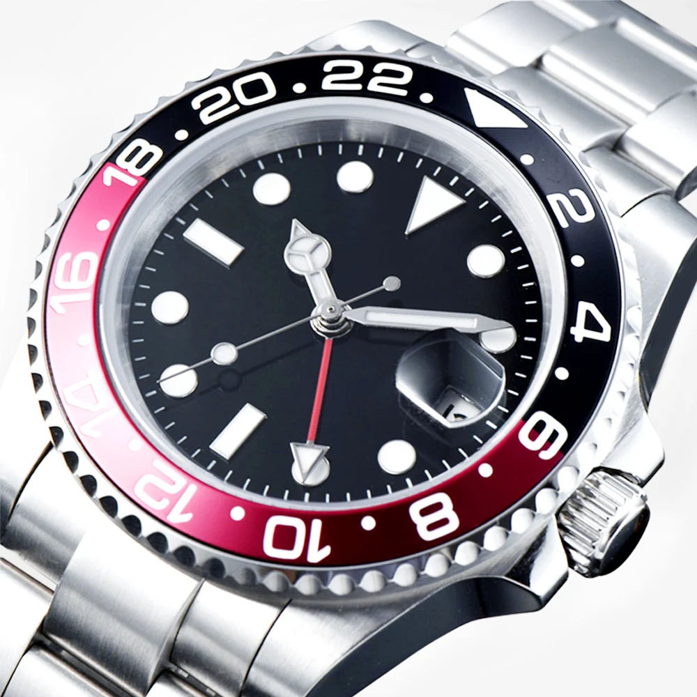 Мужские часы GMT 40 мм стальной ремешок вращающийся Безель автоматический черный