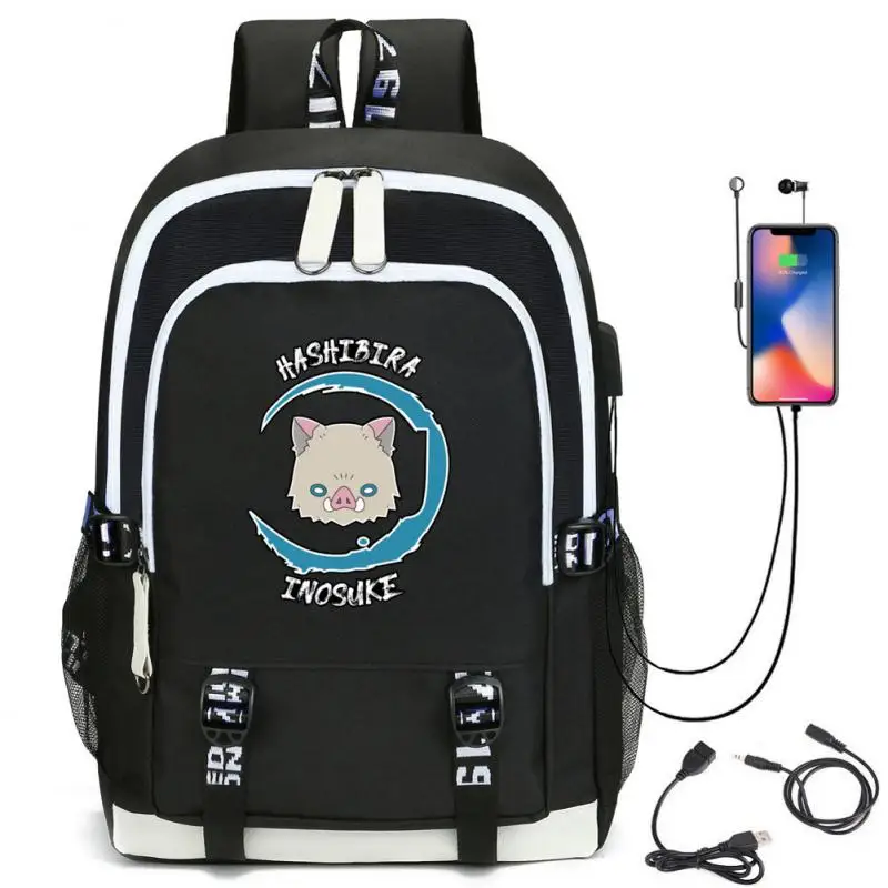 

Kimetsu No Yaiba Cosplay Backpack USB Rechargeable School Backpack Agatsuma Zenitsu Hashibira Inosuke Demon Slayer Character Cos