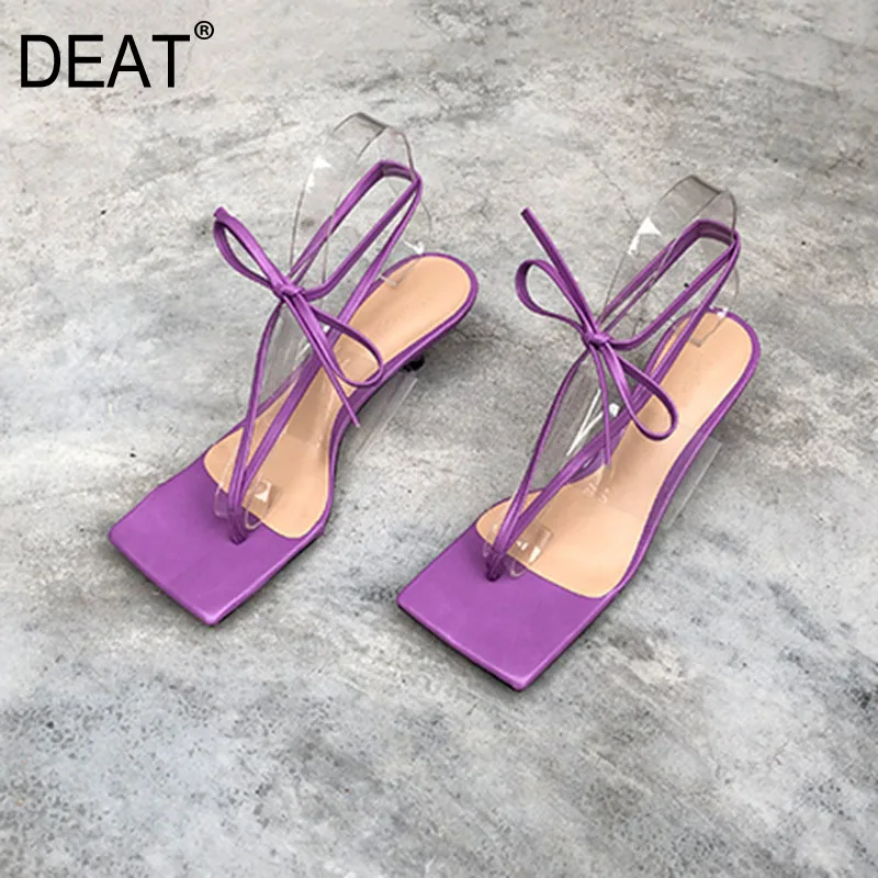 Женские сандалии на тонком каблуке [DEAT] черные прозрачные из искусственной кожи с