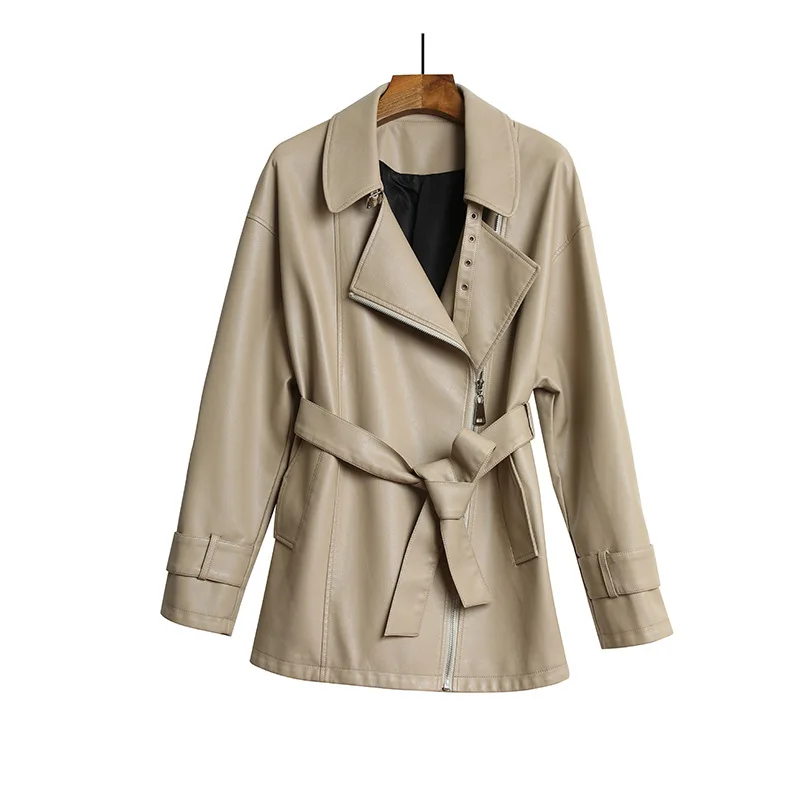 

foreacha autumn new ladies suit collar zipper belt jacket retro micro-elastic slim PU leather jacket кожаная куртка женская