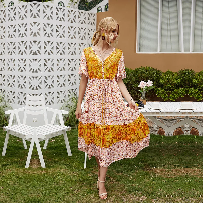 

Women's 2021 Print Spring Summer Fashion Casual Dress V Neck Sexy Street Style High Waist Short Sleeve Female Dress