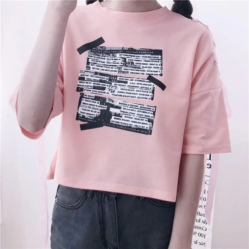 Весенне-осенний женский Укороченный свитшот с буквенным принтом на завязках