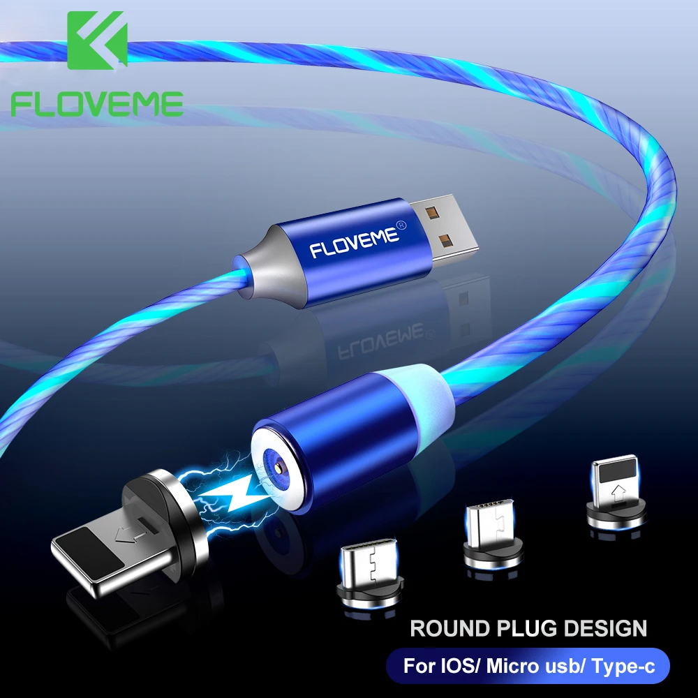 FLOVEME 1 м Магнитный зарядный USB C кабель течет свет Type для быстрой зарядки