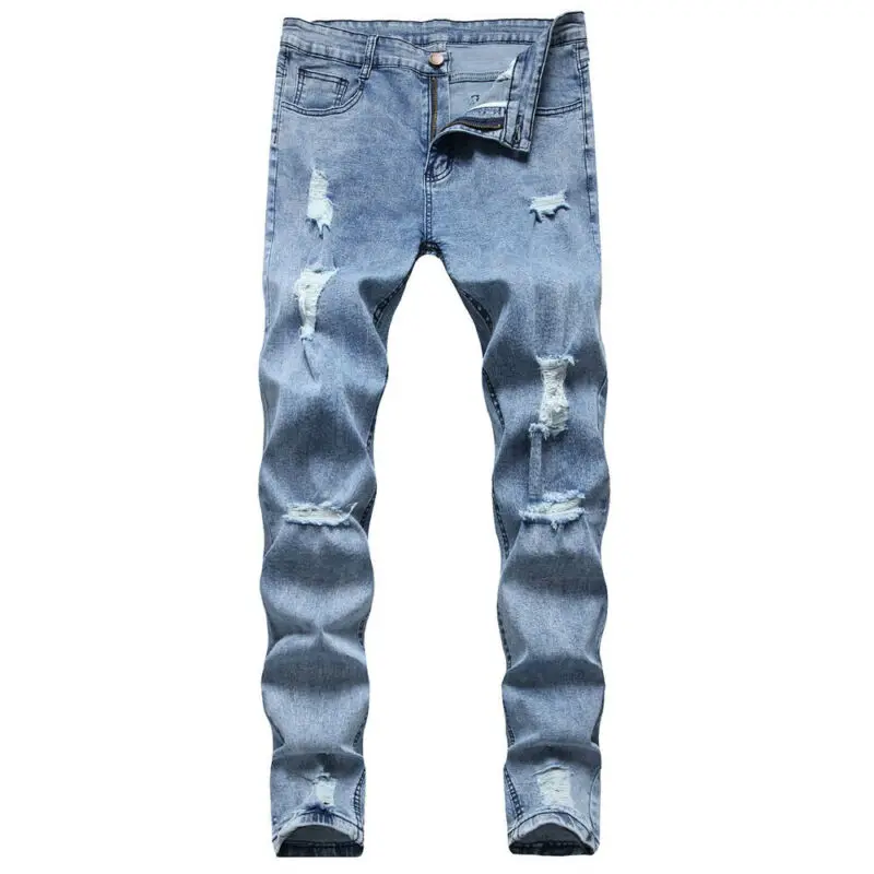 

Mens Solid Color Pants Skinny Ripped Denim Jeans Elasticity Casual Fashion zipper Hole Male's 2021 Hot New Trousers Bottoms