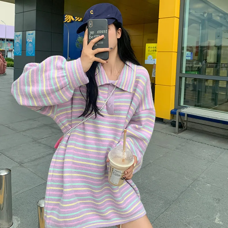 

Harajuku Tide Women Oversized Knit Pullover Fashion Polo Collar Chic Colorful Stripe Lazy Style Streetwear Female Ins Jumpers