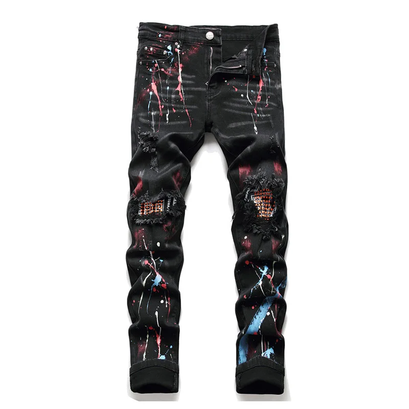 

New Hip Hop Splatter Printed Jean Trousers Slim Fit Ripped Denim Pants For Male Stretch Black Color