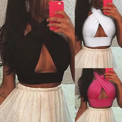 

Women Sexy Crop Top Strappy Cross Over Front Cut Out Halter Neck Sleeveless Crop Top Bandage Vest Summer Tops Woman Clothes