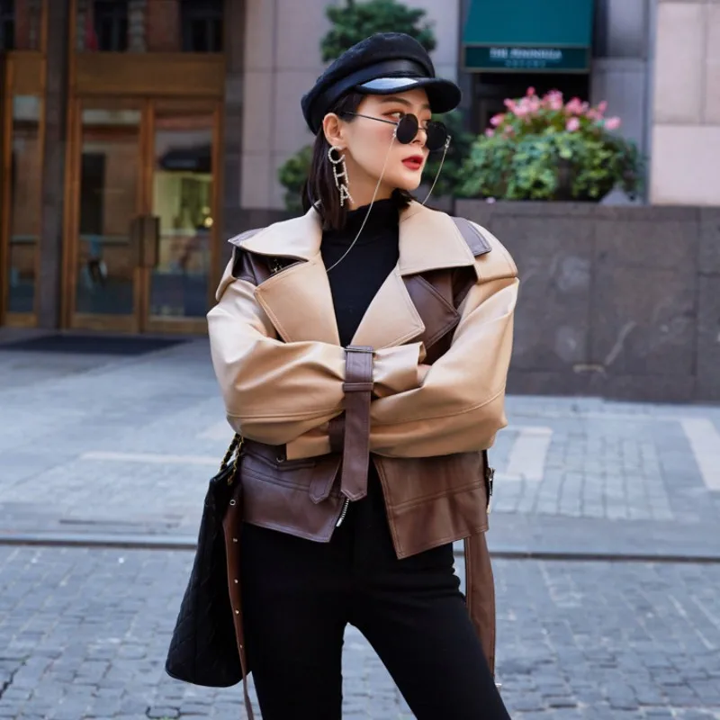 

Vintage Womens Motorcycle Bikers Jacket Loose Faux Leather Mixed Colors Spring Fashion Outerwear High Street Ladies Pu Jackets