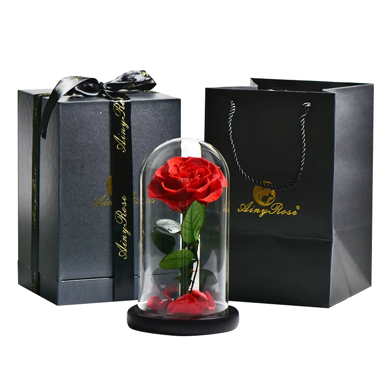 red with gift box Искусственные цветы, красные розы, украшение, красота и чудовище, со стеклянным куполом, деревянная основа, искусственные цветы на год, подарки на день Святого Валентина - Цвет: red with gift box