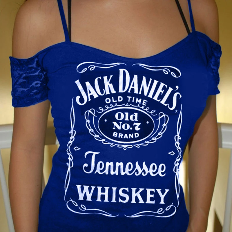 

Whiskey Whisky T-shirt Women Summer Square Collar Short Sleeves Sling Backless Cotton Tee Shirt T Shirts Fashion Tops Clothing