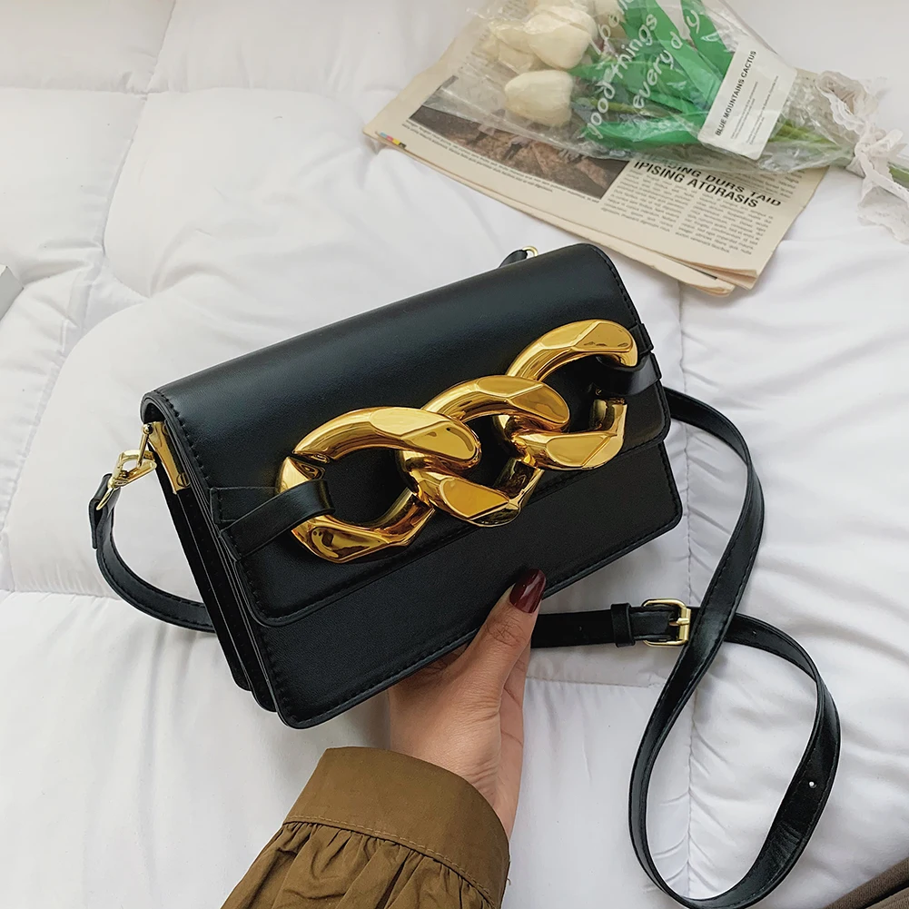 

Модные женские сумки через плечо на толстой металлической цепочке, Женская Повседневная однотонная Сумка-конверт из искусственной кожи, ма...