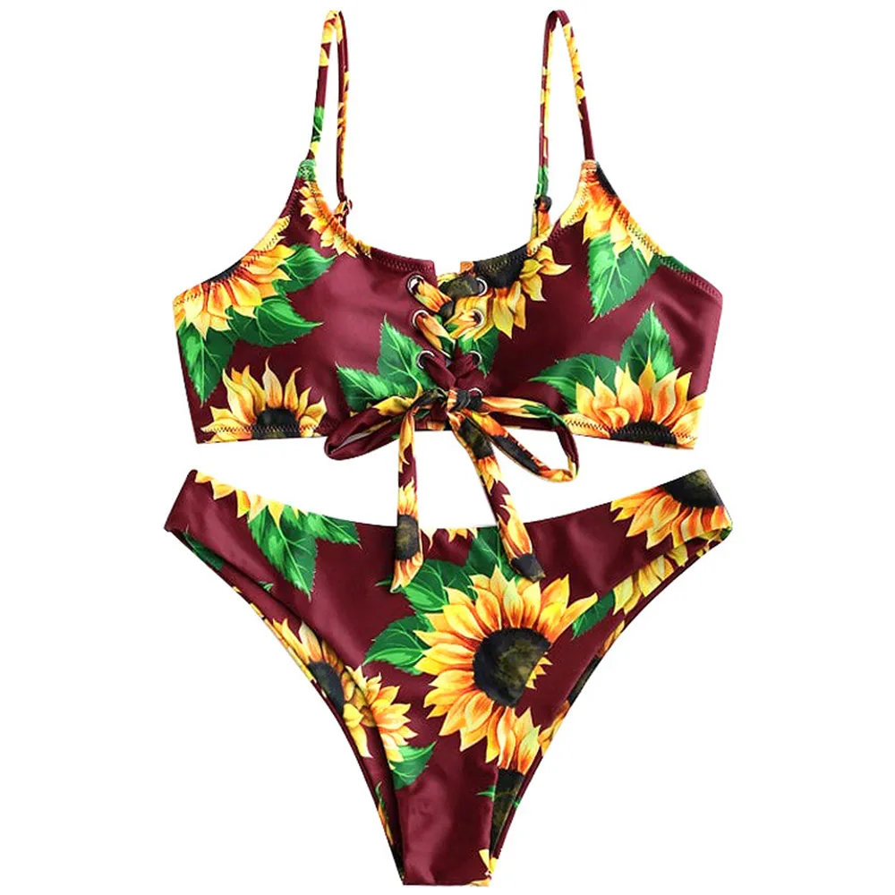 

Sexy Push Up Bikinis Set Swimwear Women Swimsuits Bathing Suit Women Halter biquini Leaf Sunflower Print Beach Wear Bikini 2020