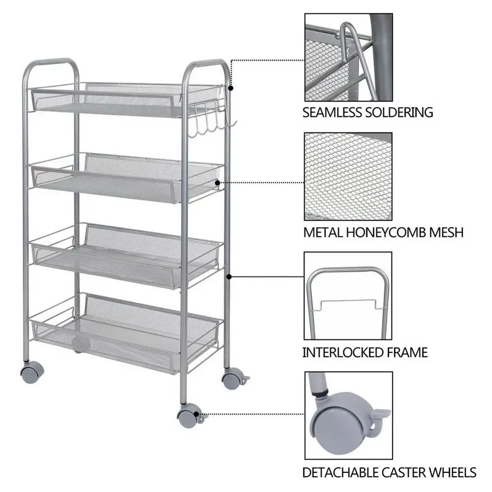 

4 Tier Slim Storage Cart Bathroom Organizer Shelf Kitchen Storage Rack Fridge Side Shelf Removable With Wheels Space Saving