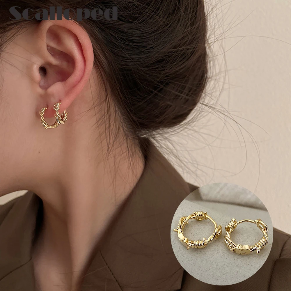 

SCALLOPED Vintage Geometry Winding Wire Design Metal Hoop Earrings French Girl Temperament Dangle Ear Charm Women Fine Jewelry