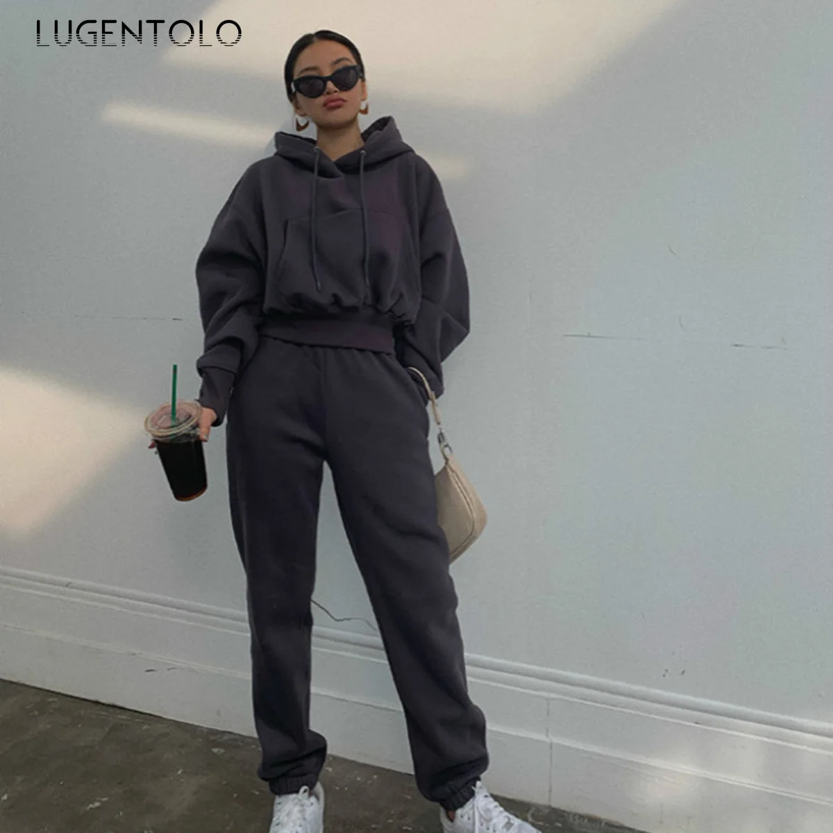 

Lugentolo Women Two-piece Set Autumn Sport Solid Hooded Women's Long Sleeve Tops Casual Straight Pocket Pants Female Sets