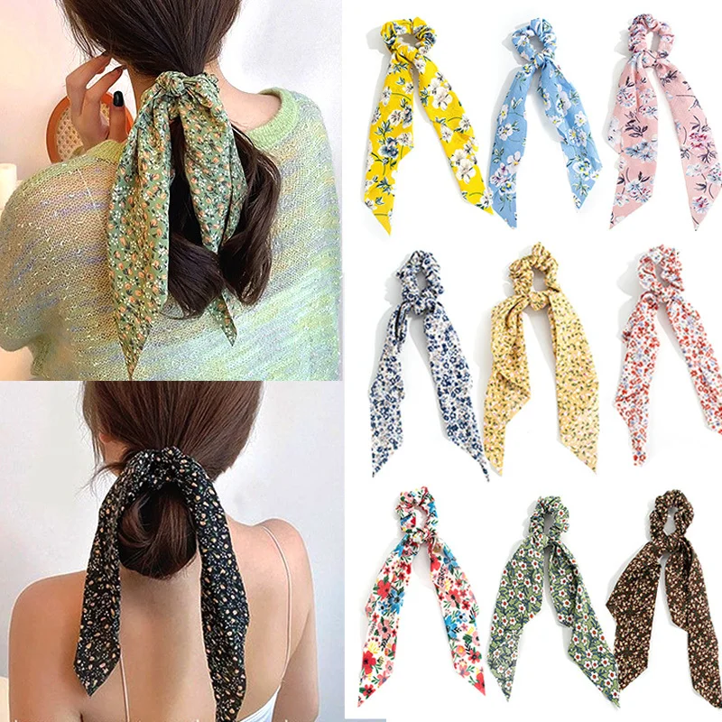 

Small Floral Hair Scarf For Women Scrunchie Chiffon Long Ribbon Elastic Hair Band Ponytail Holder Girl Fashion Hair Accessories
