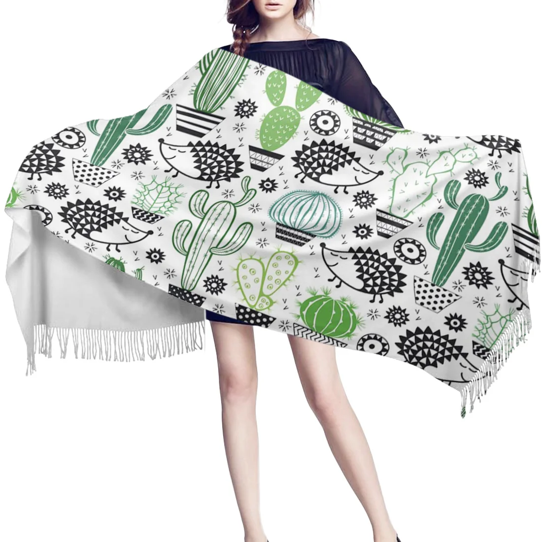 Женский зимний шарф с изображением ежика и кактуса женские кашемировые шарфы