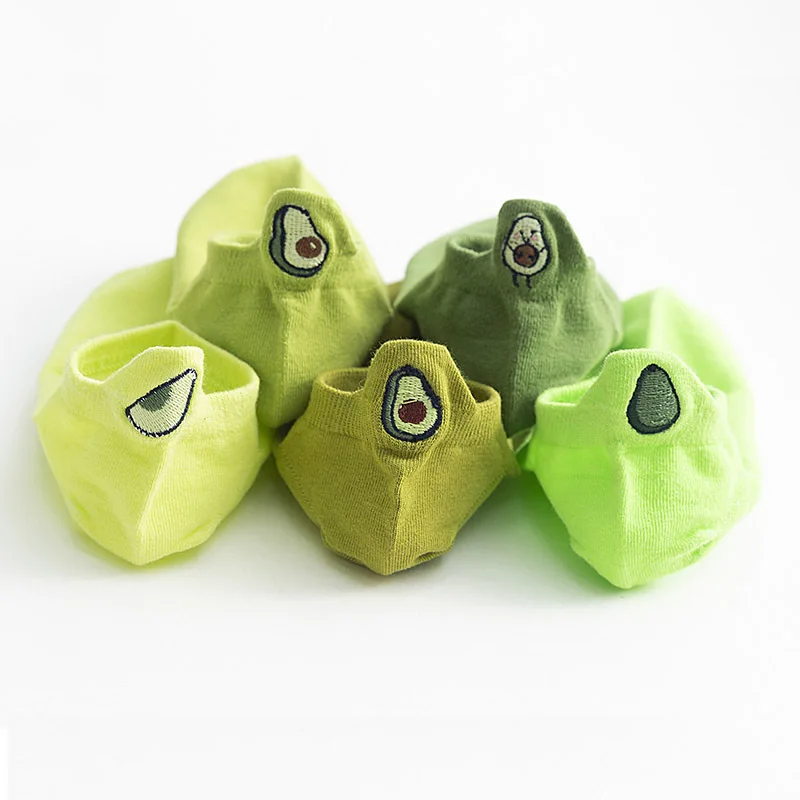 10Pcs=5Pairs/Lot New Green Cotton Women's Boat Socks Breathable Comfort Embroidery Avocado Cartoon Cute Socks Pack