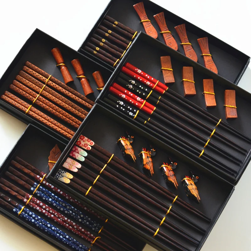 

4 Double Gift Pack Chopsticks Holders Handmade Japanese Natural Wood Chopsticks Set