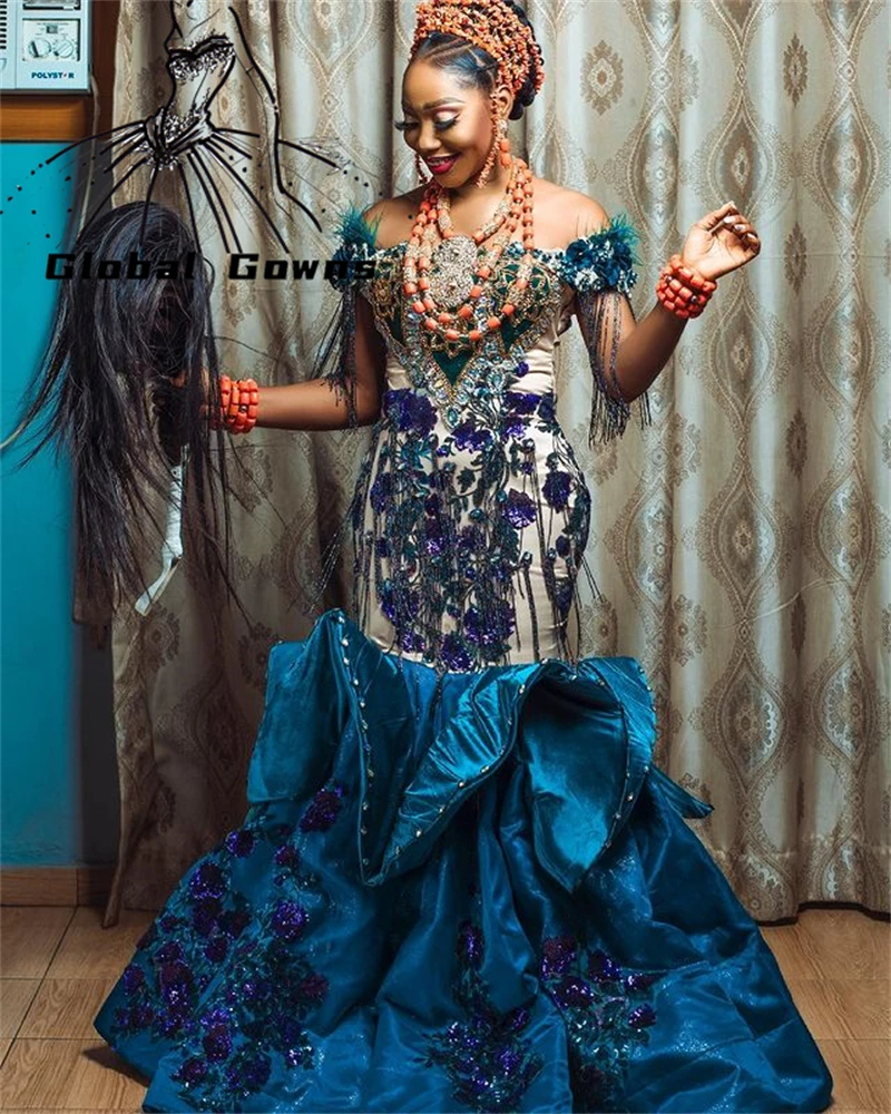 

Aso Ebi Off The Shoulder Evening Dress Long Dubai Vestidos De Fiesta Special Design Appliques Tassel Woman Party Gown Robe Femme