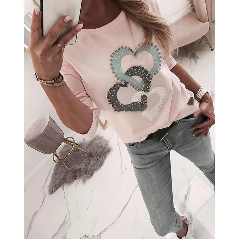 Женская футболка с длинным рукавом розовая Повседневная круглым вырезом и