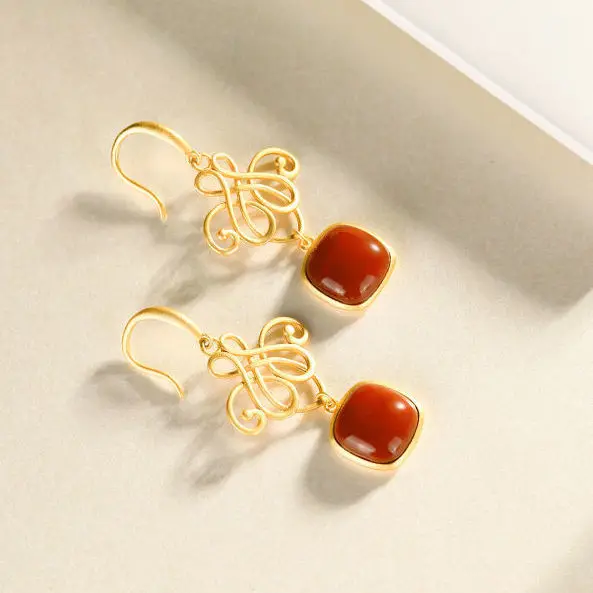 

Natural Hetian Jade Southern Red Agate Eardrops S925 Sterling Silver Earrings Chinese Knot Auspicious High-End Temperament Popu