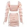 Crop Top Mini Skirt Kylie Jenner's Dress Milkmaid Style Ruched Neckline Long Sleeves 5