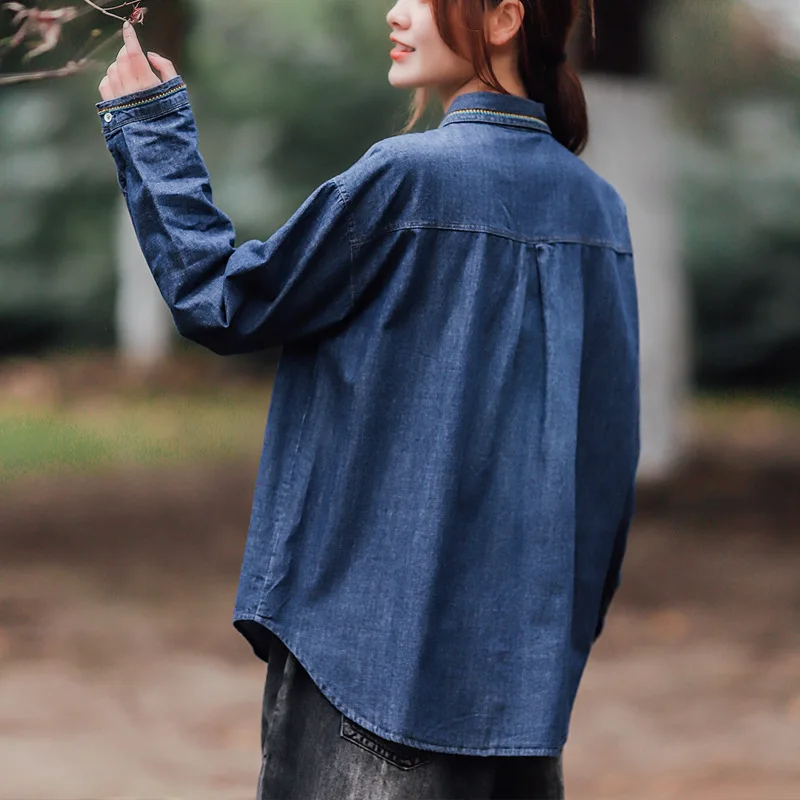 

Spring Fall Fashion Lapel Denim Blouse Women Large Size Loose Casual Slim Fit Vintage Embroidery Pocket Cowboy Long Sleeve Shirt