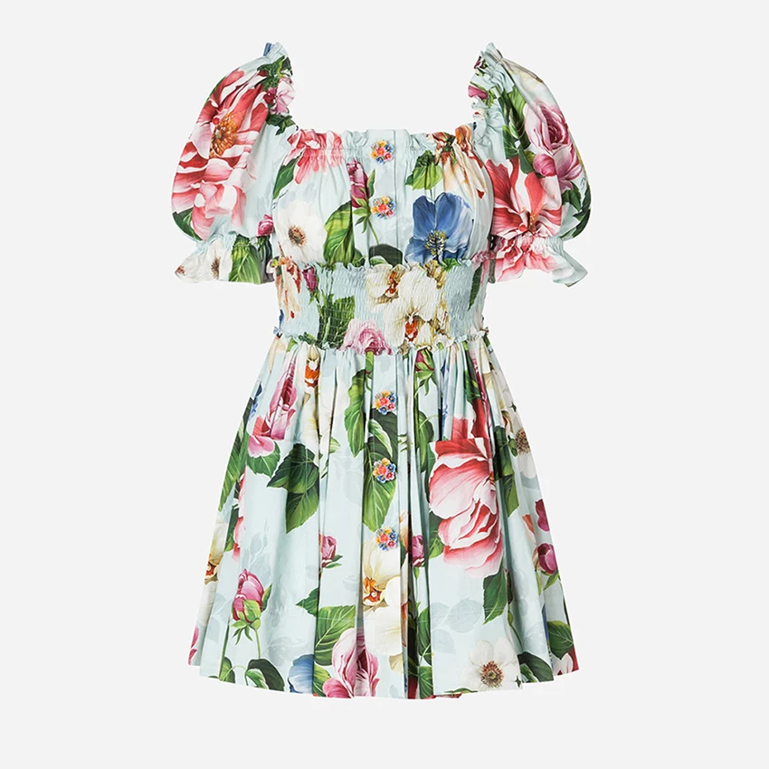 

Summer Dress 2020 European Fashion Women Puff Sleeve Button Floral Vintage Dress Designer Runway Dresses
