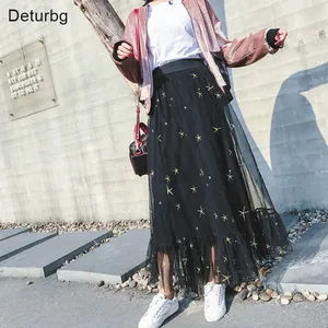 Женская длинная юбка с вышивкой в виде звезд, Повседневная плиссированная черная школьная юбка из тюля с высокой эластичной талией, Saias 2021, весна SK165