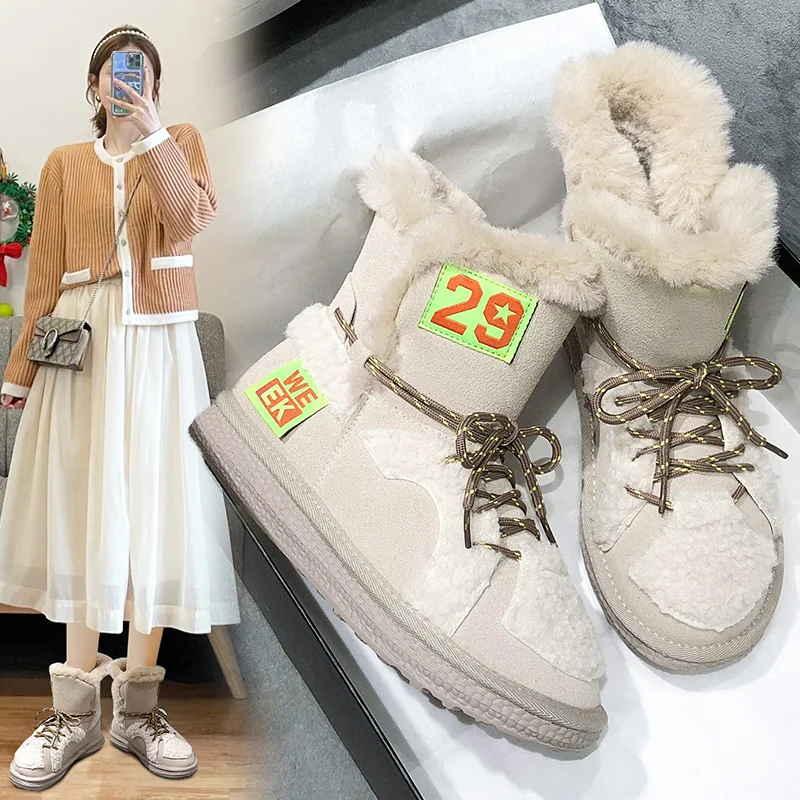 

Platform Warm Women Snow Boots Winter 2021 Fashion Short Boots Women Lace Up High-top Non Slip Female Shoes Botas Mujer Black