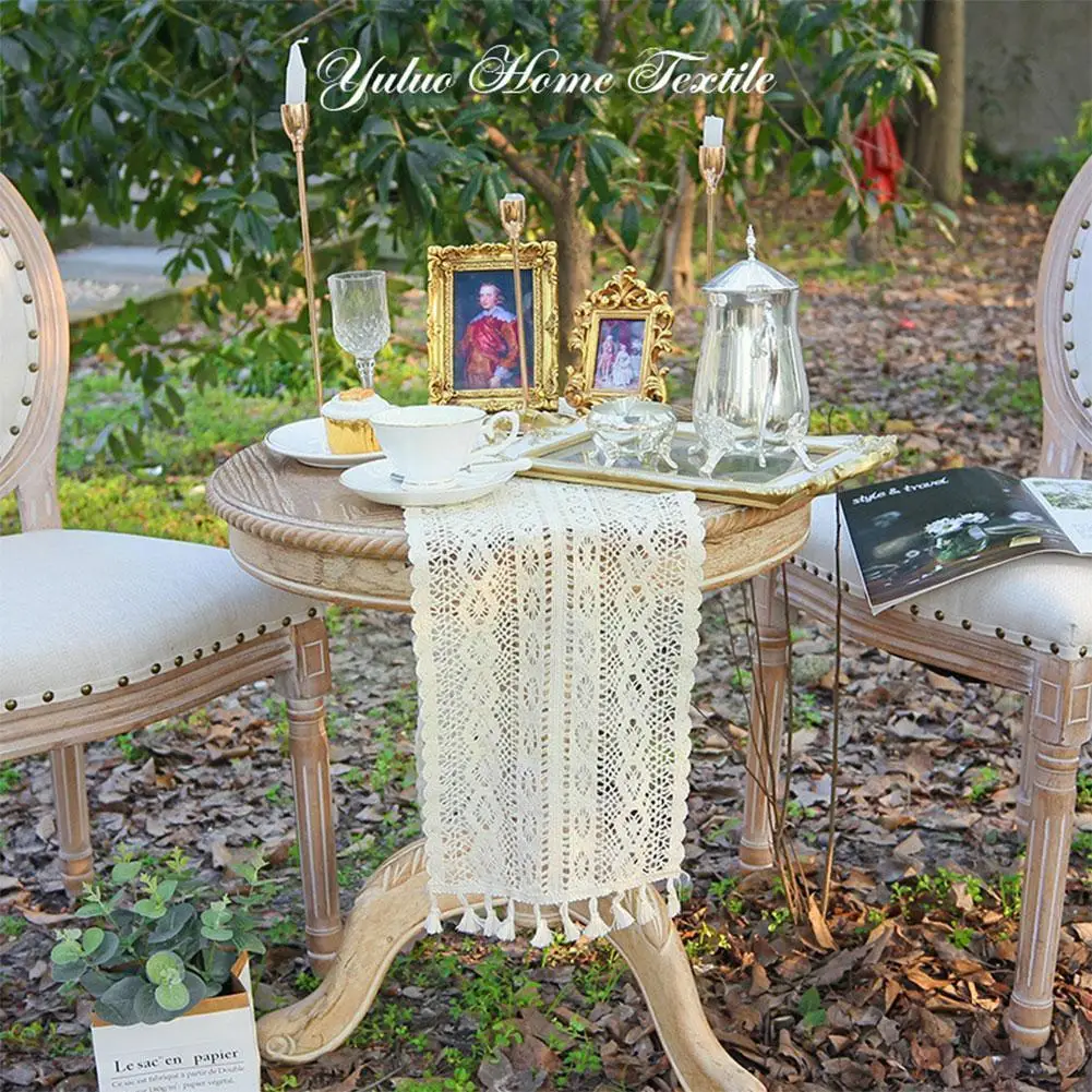 

Pastoral Crochet Hollow Lace Table Runner with Tassels Beige Decor Coffee Table Cover Runners Romance Wedding Party Tablecloth
