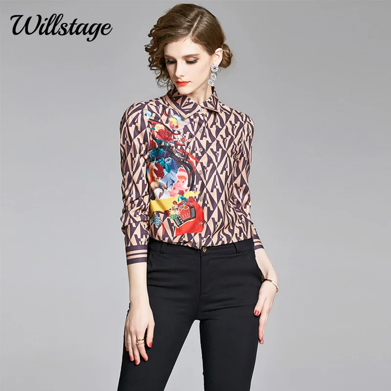 

Willstage printed shirts women letter floral pattern blouse elegant lapel shirt long sleeve button Work wear 2020 Autumn tops