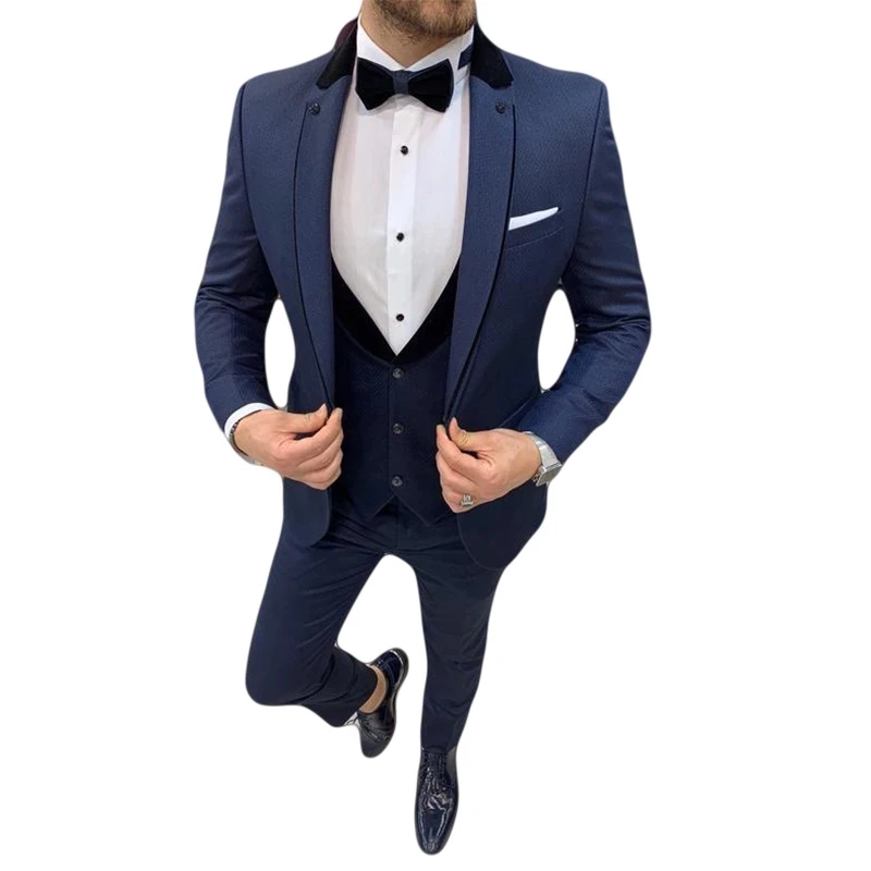 New Design Dark Blue Tuxedos Men Suits Business Costume Homme Grooms Wedding Tuxedos Terno Masculino Slim Fit Prom Blazer 3 Pcs