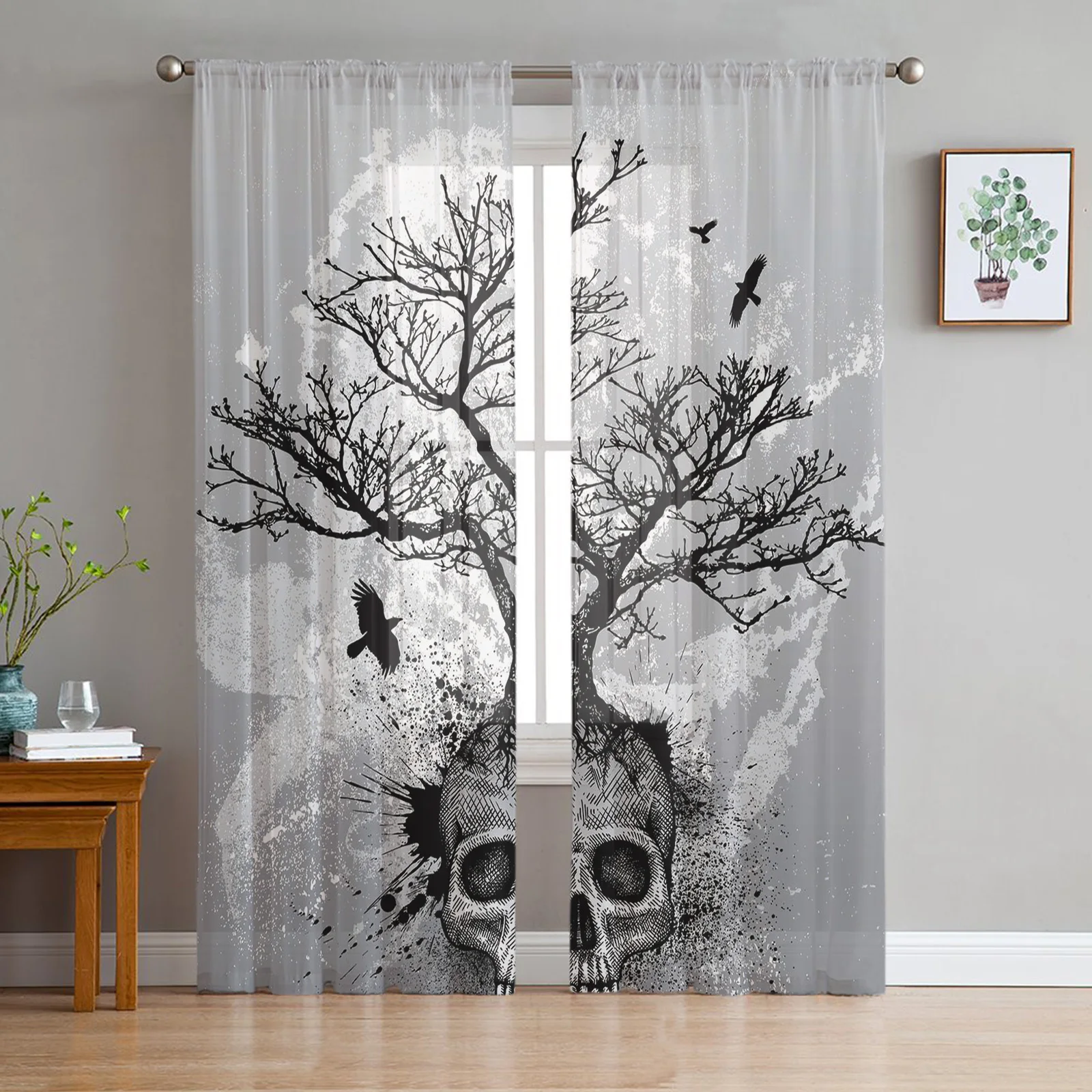 

Skeleton Tree Branch Bird Skull Sheer Curtains for Living Room Modern Voile Curtain Bedroom Tulle Curtains Window Drapes Decor