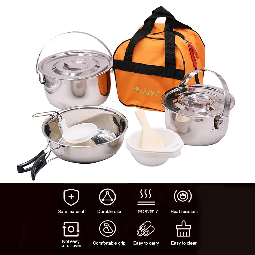 

Stainless Steel Camping Equipment Cookware Set Portable Folding Outdoor Picnic Travel Handle Hanging Pot Frying Pan Kit