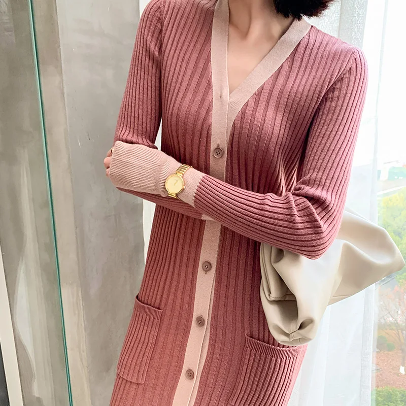 

LHZSYY 2020 Spring Autumn New Women's Wool Cardigan Long section Sweater Coat Contrast color V-neck Cashmere knitted Base Shirt