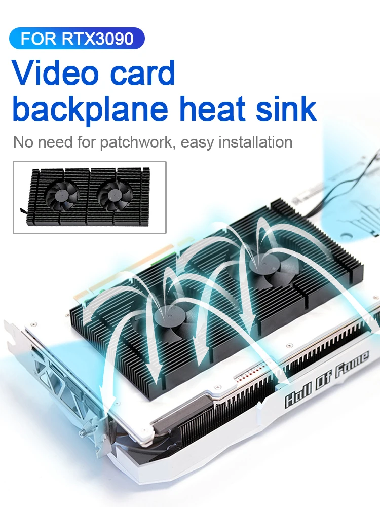 

GPU Backplate Radiator Graphics Card Backplane Memory Cooler Dual PWM Fan VRAM Heatsink for RTX 3090 3080 3070 1mm Pad 700